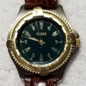 Vintage 1996 Guess Green/Gold tone Quartz Watch with Original Leather Band